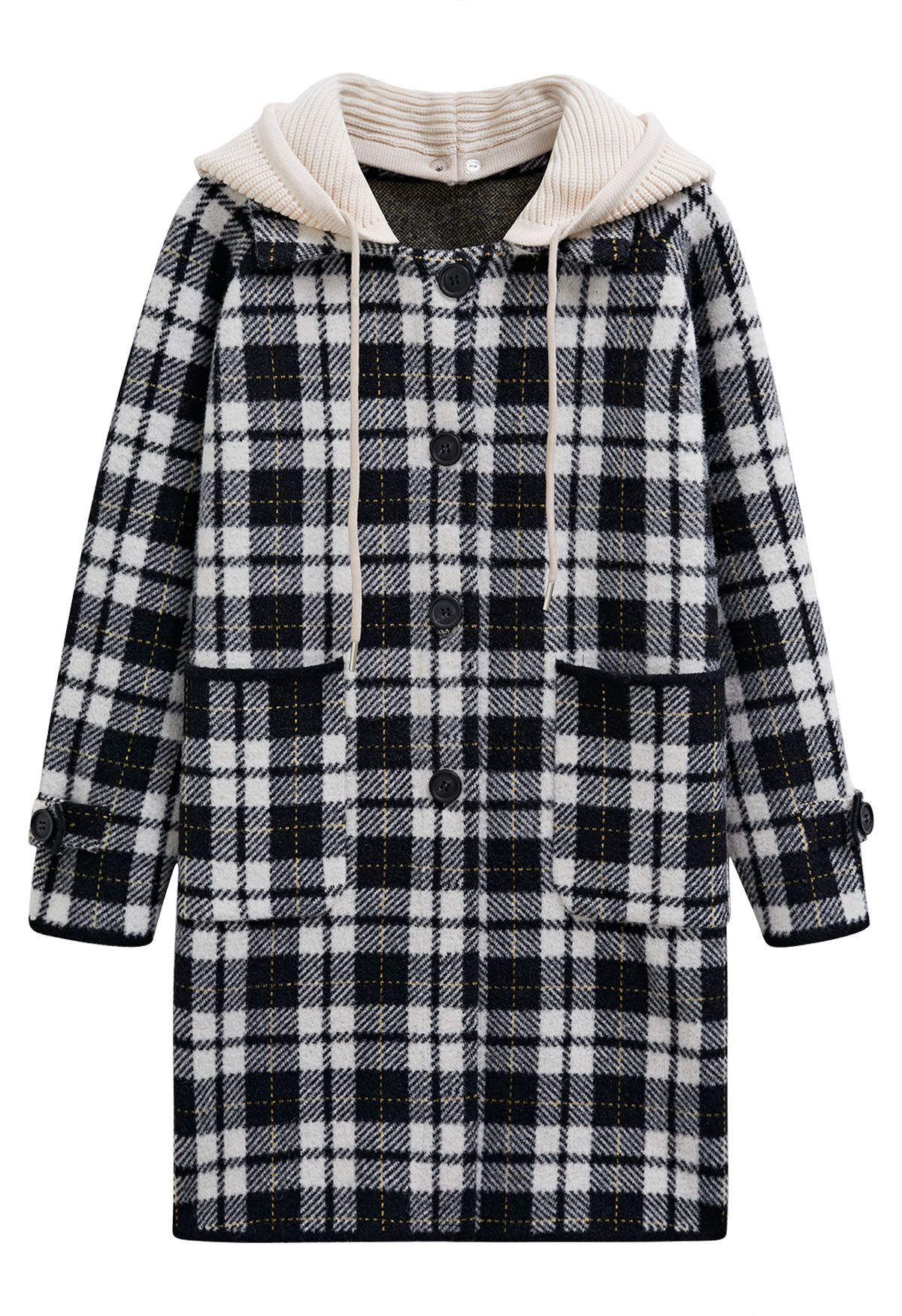 Detachable Hooded Collared Button Down Knit Coat in Plaid