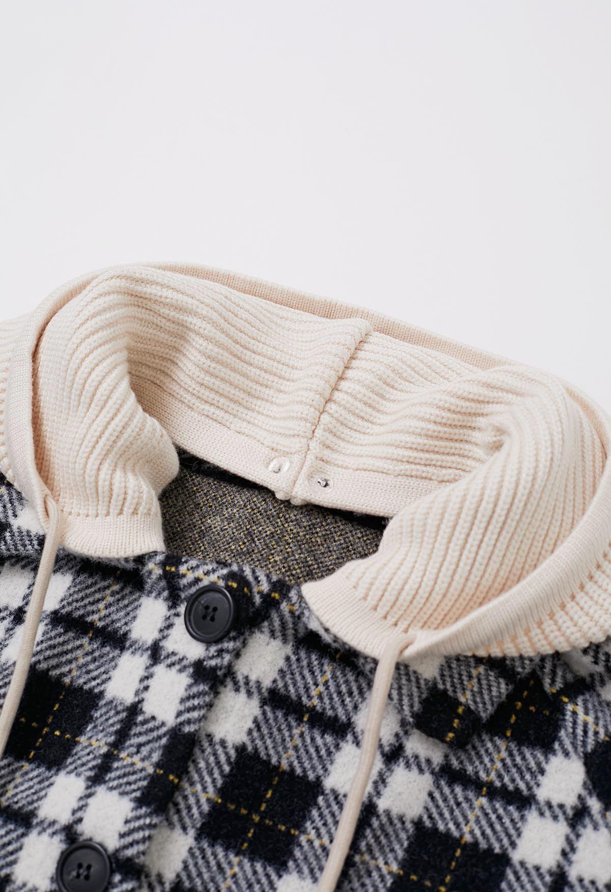 Detachable Hooded Collared Button Down Knit Coat in Plaid