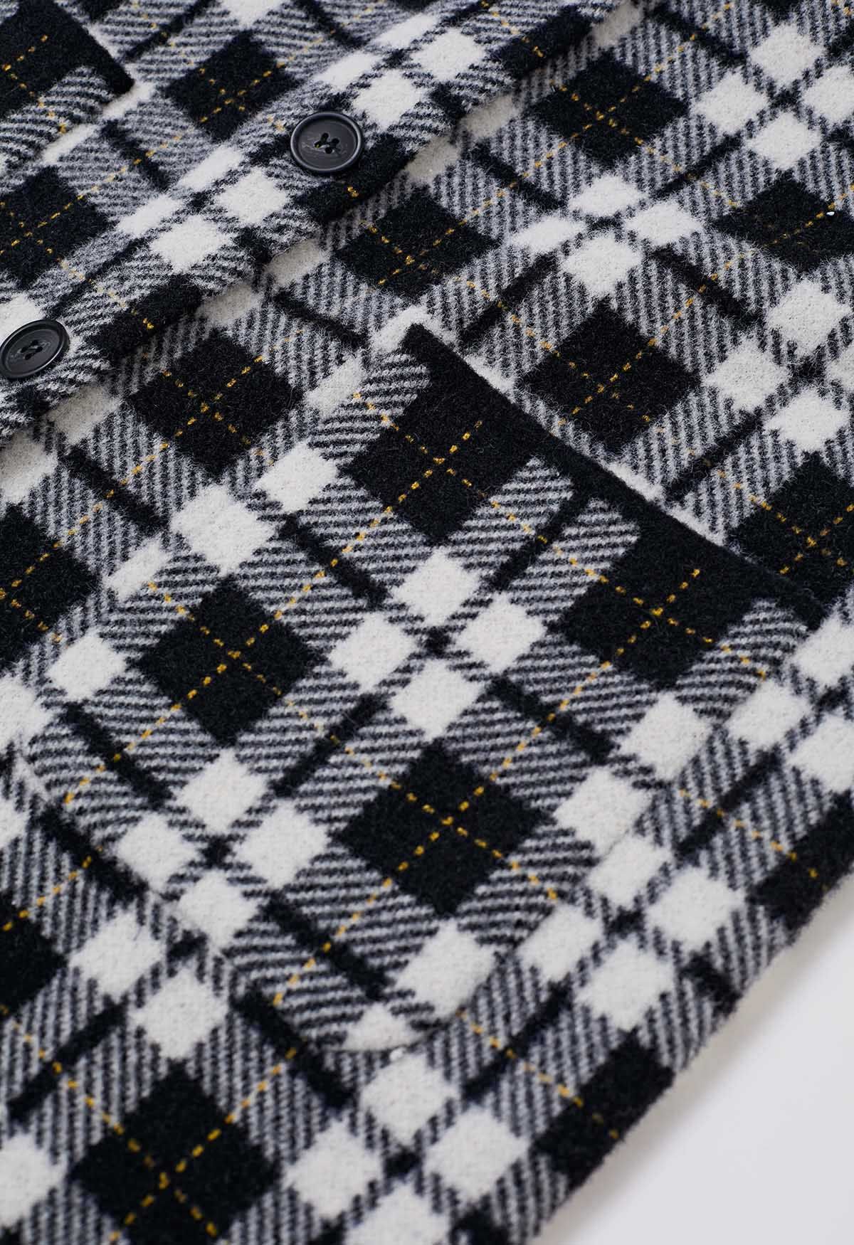 Detachable Hooded Collared Button Down Knit Coat in Plaid