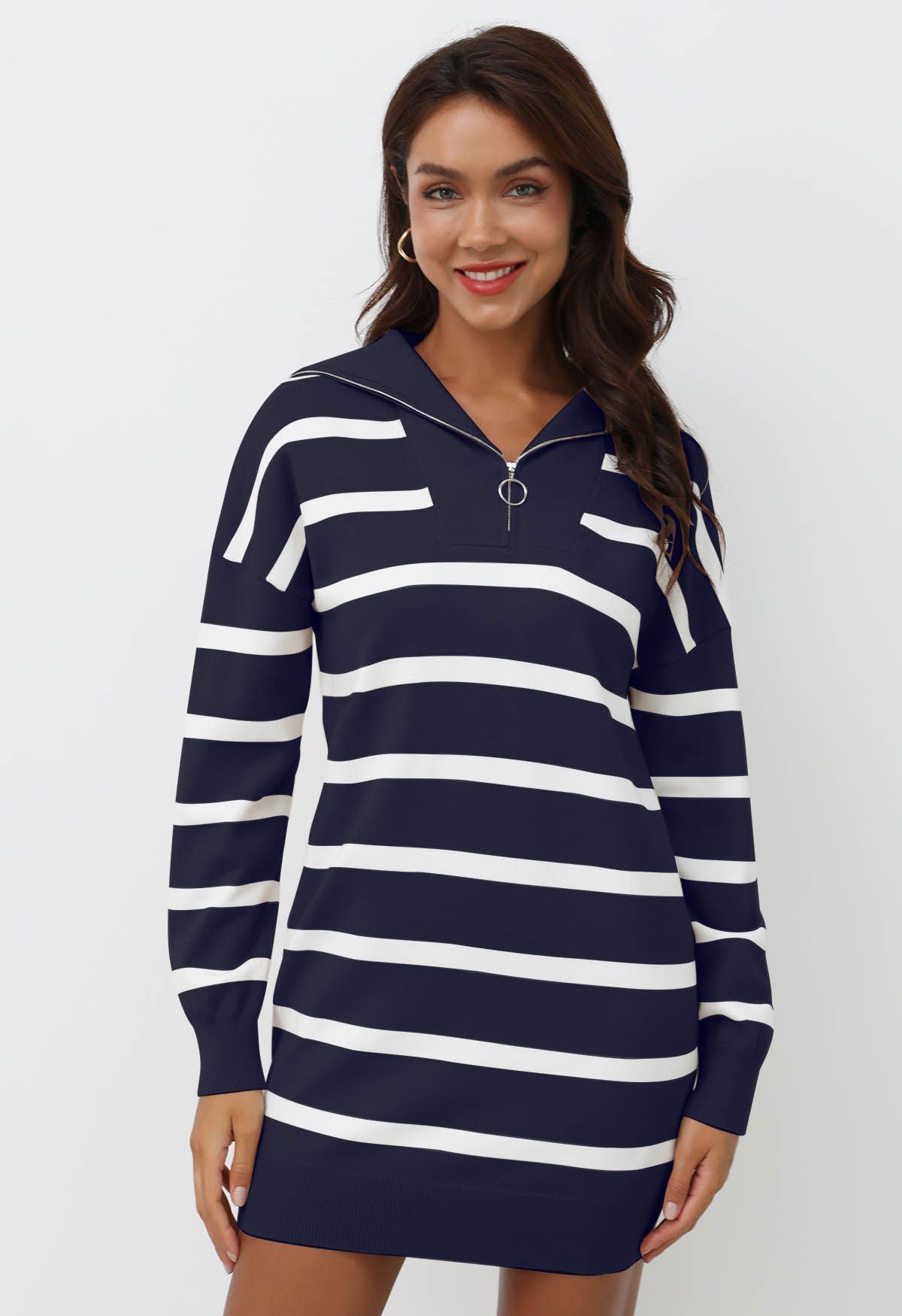 Broad-Striped Zipper Neck Knit Mini Dress in Navy