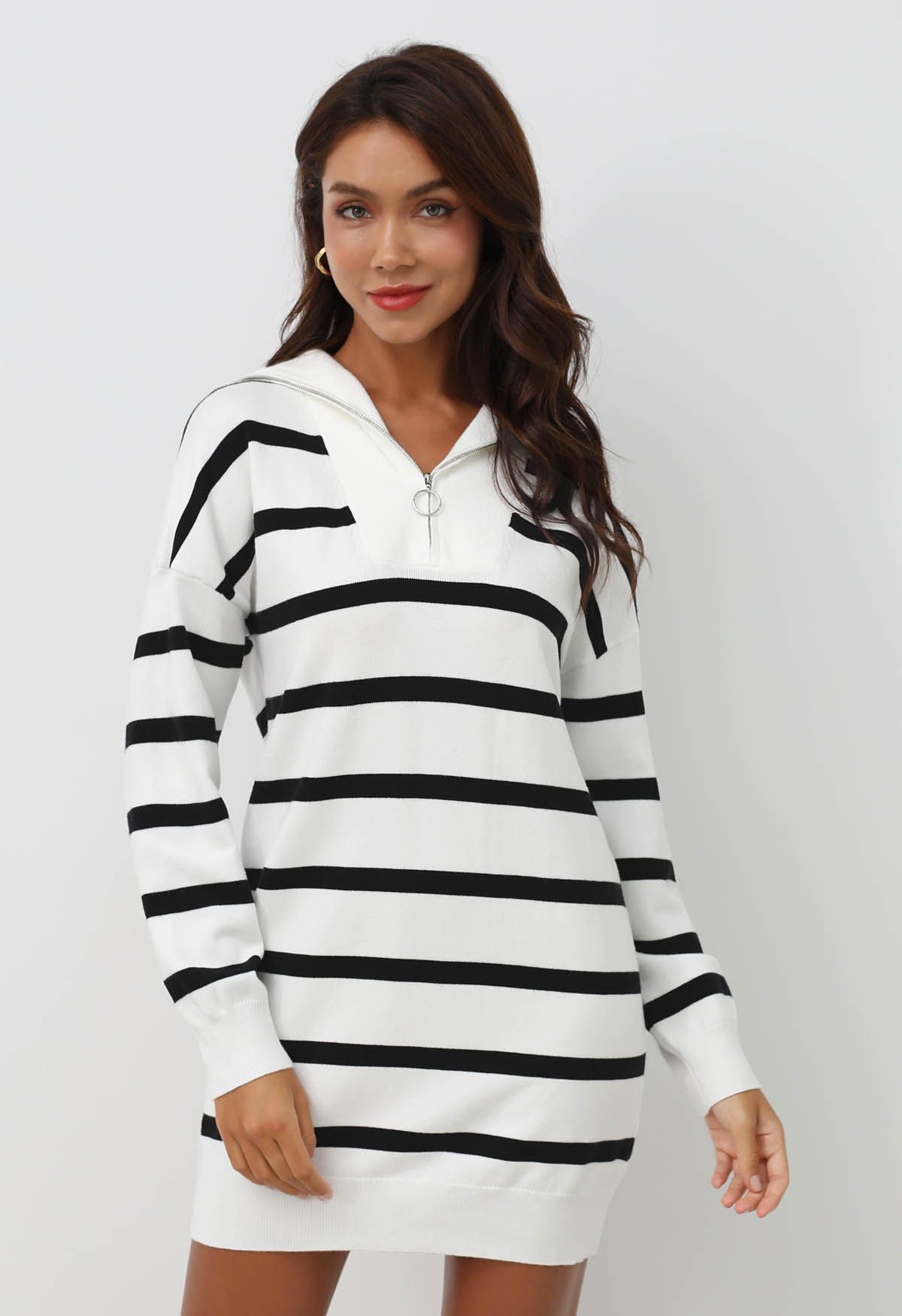 Broad-Striped Zipper Neck Knit Mini Dress in White