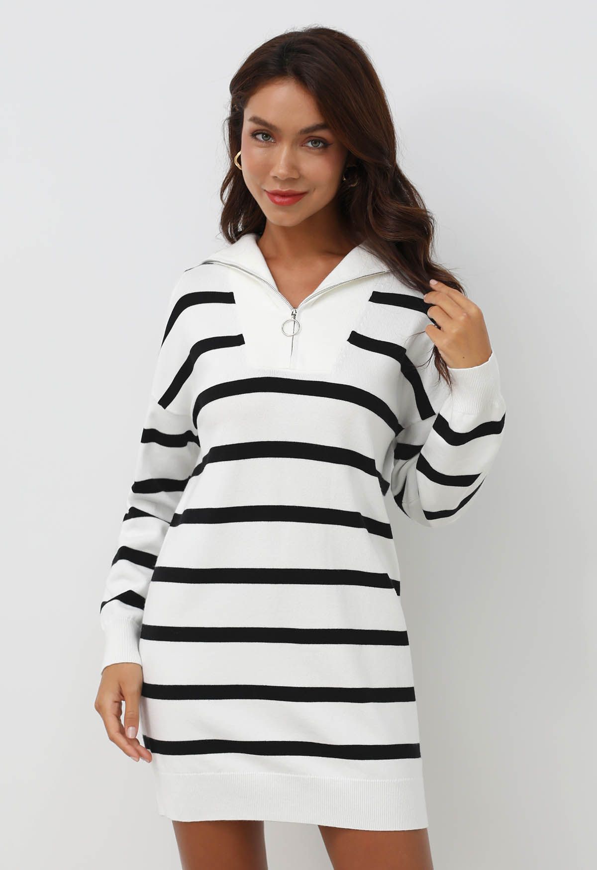 Broad-Striped Zipper Neck Knit Mini Dress in White