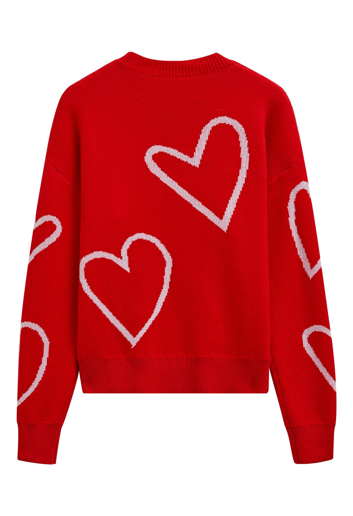 Heart Doodles Crew Neck Knit Sweater in Red