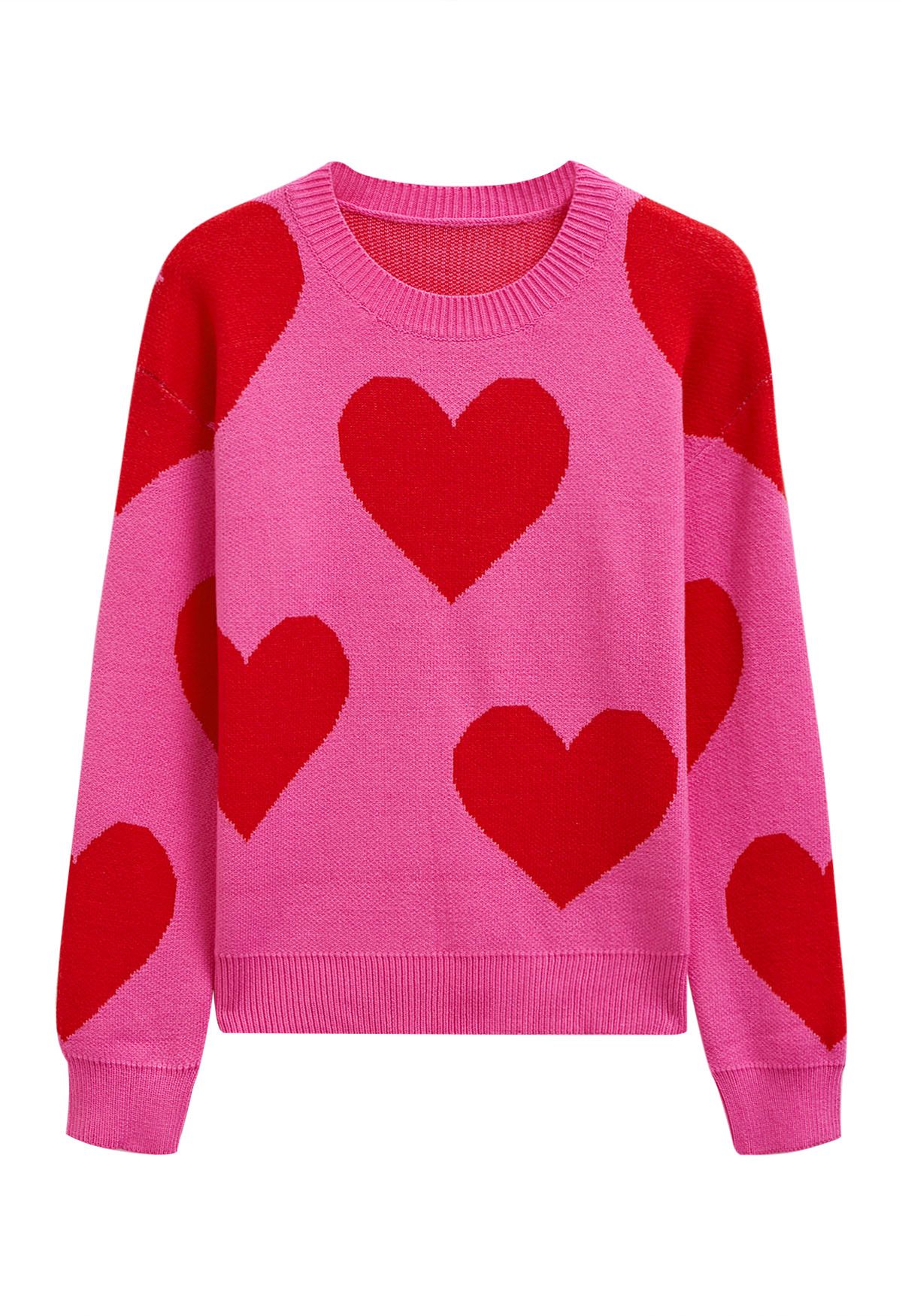 Soulful Heart Crew Neck Knit Sweater in Hot Pink