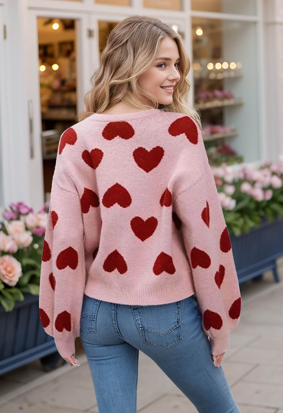 Cherished Heart Puff Sleeves Knit Sweater in Dusty Pink