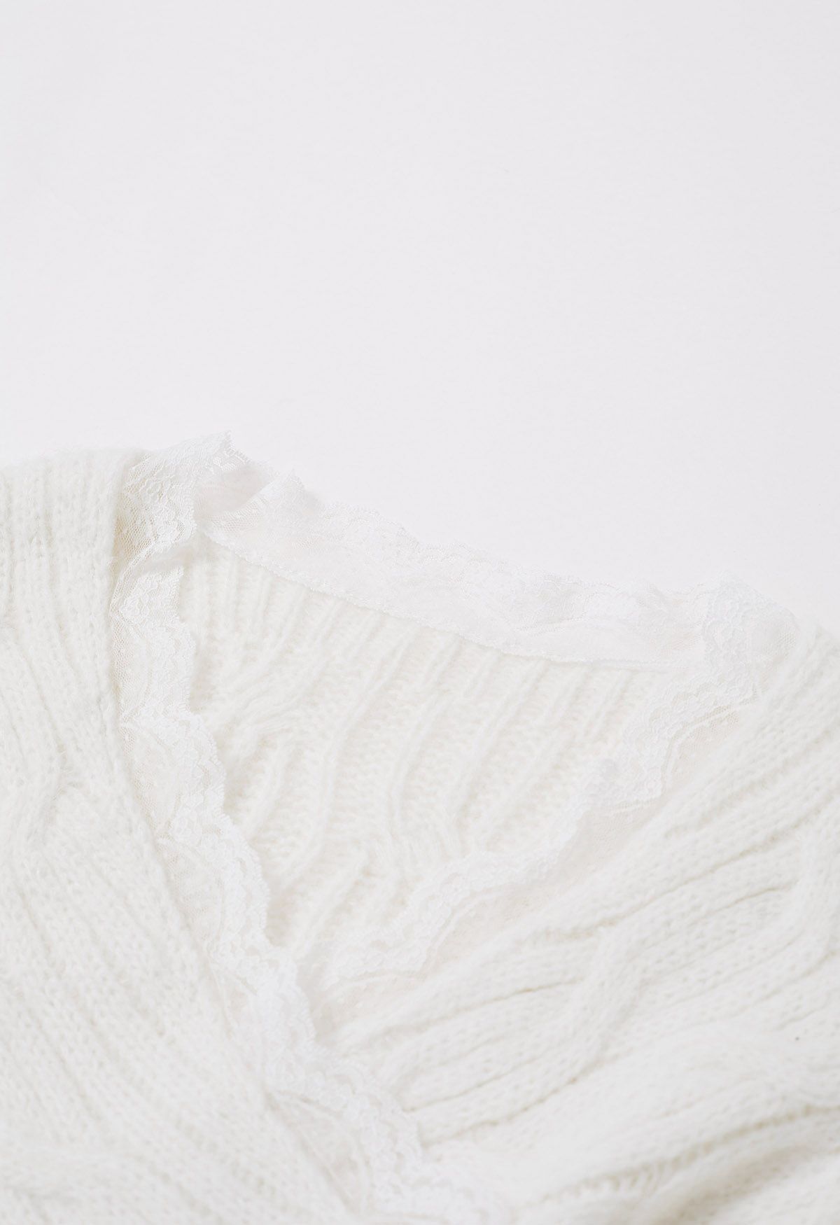 Lace Trim Crisscross Cable-Knit Sweater in White