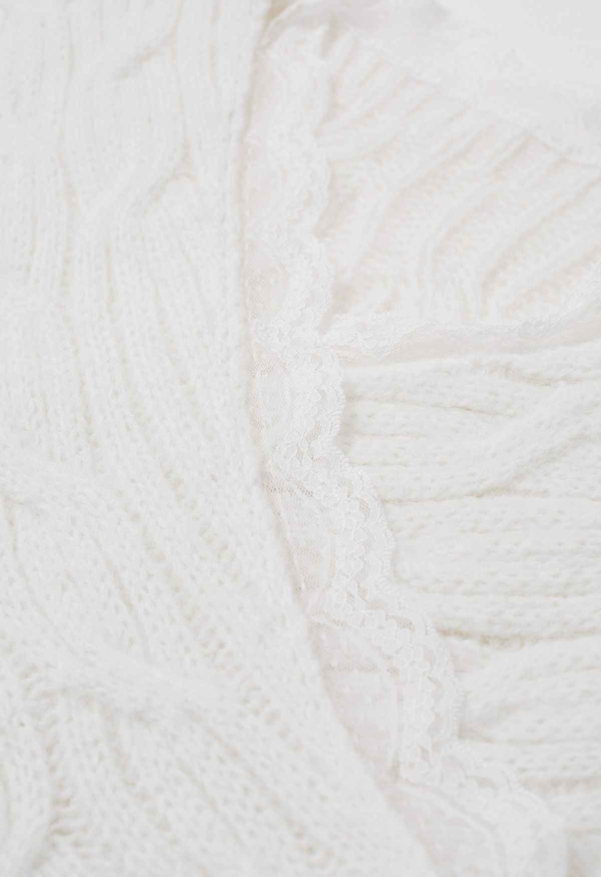 Lace Trim Crisscross Cable-Knit Sweater in White