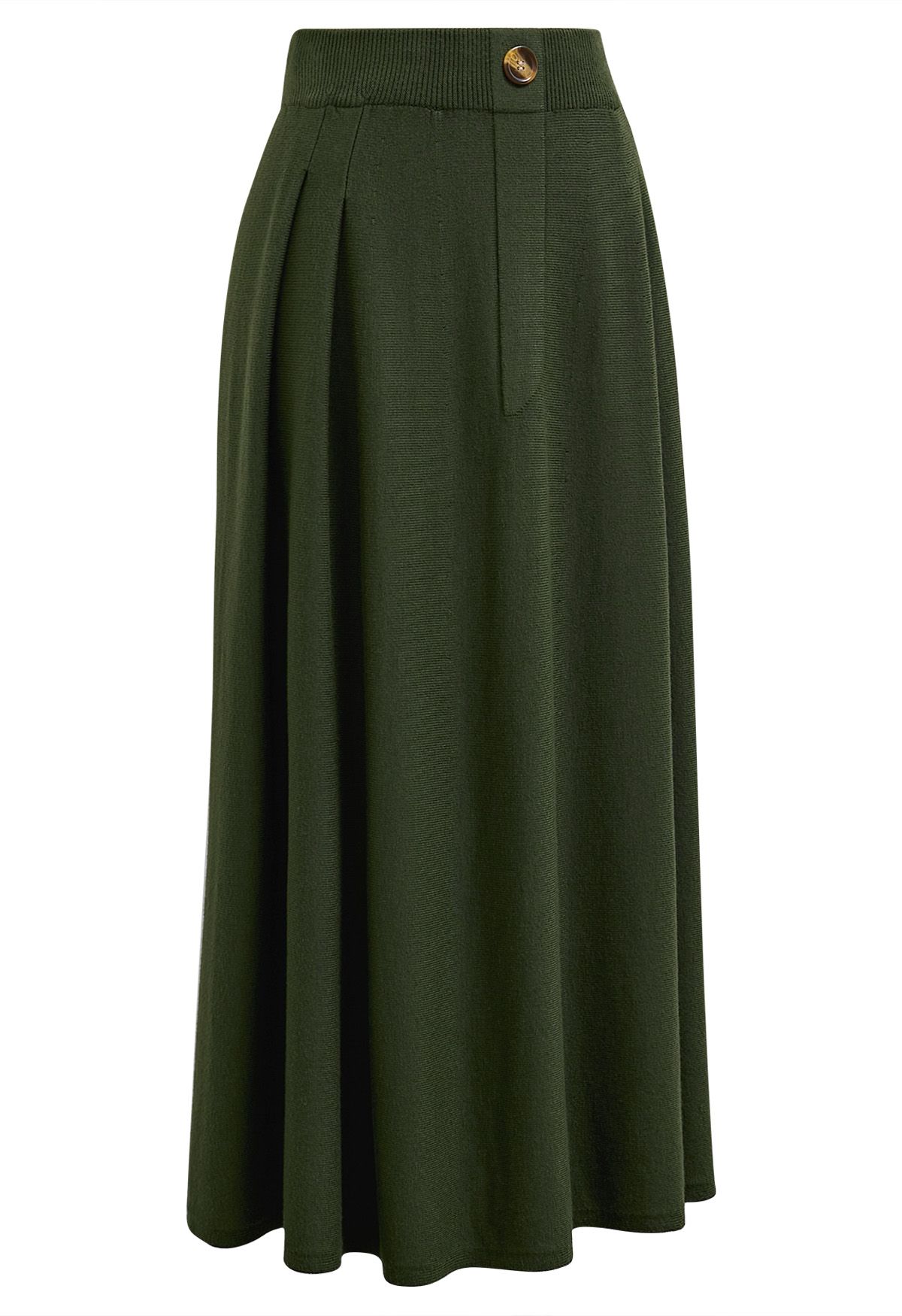 Button Adorned Knit Midi Skirt in Army Green