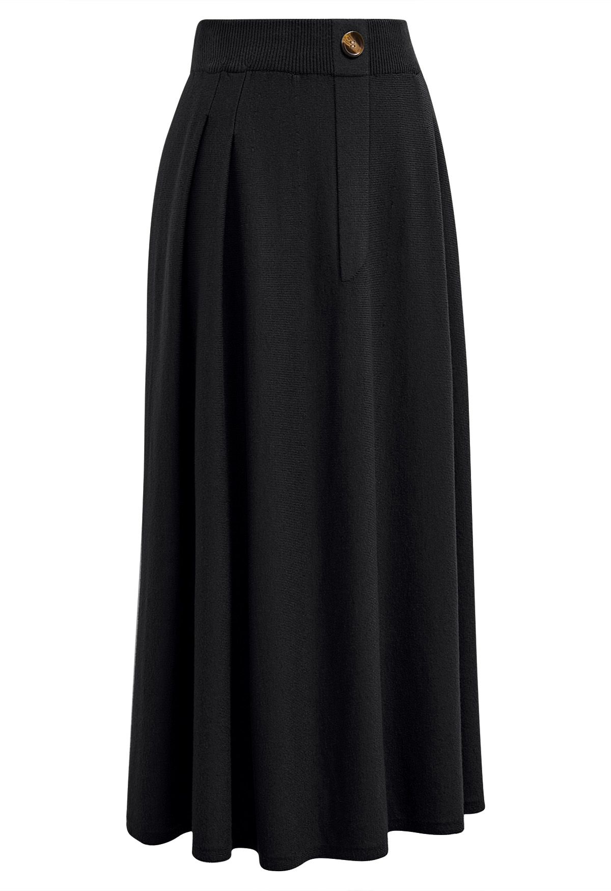 Button Adorned Knit Midi Skirt in Black