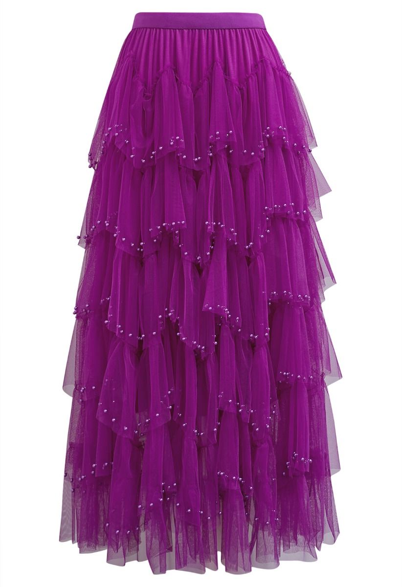 Ethereal Tiered Pearl Tulle Maxi Skirt in Violet