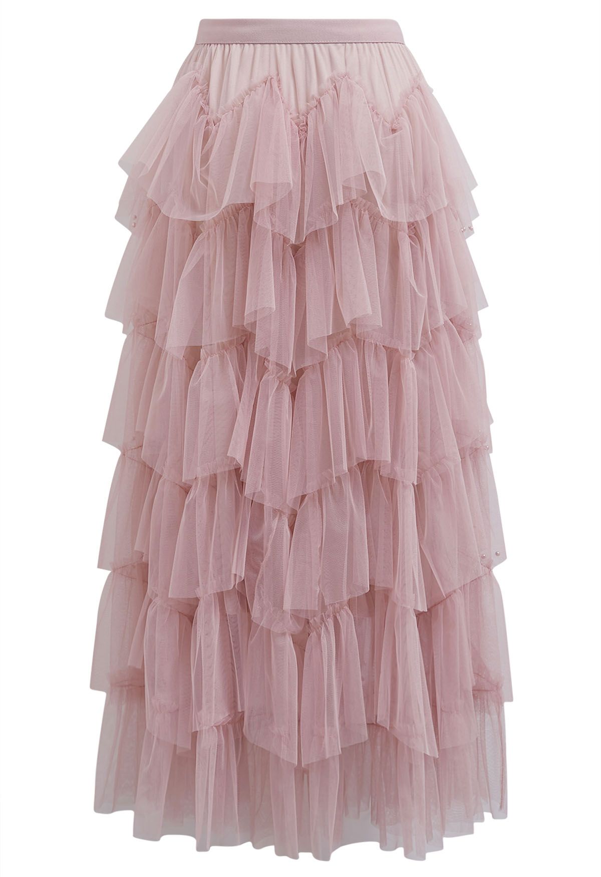 Ethereal Tiered Pearl Tulle Maxi Skirt in Dusty Pink