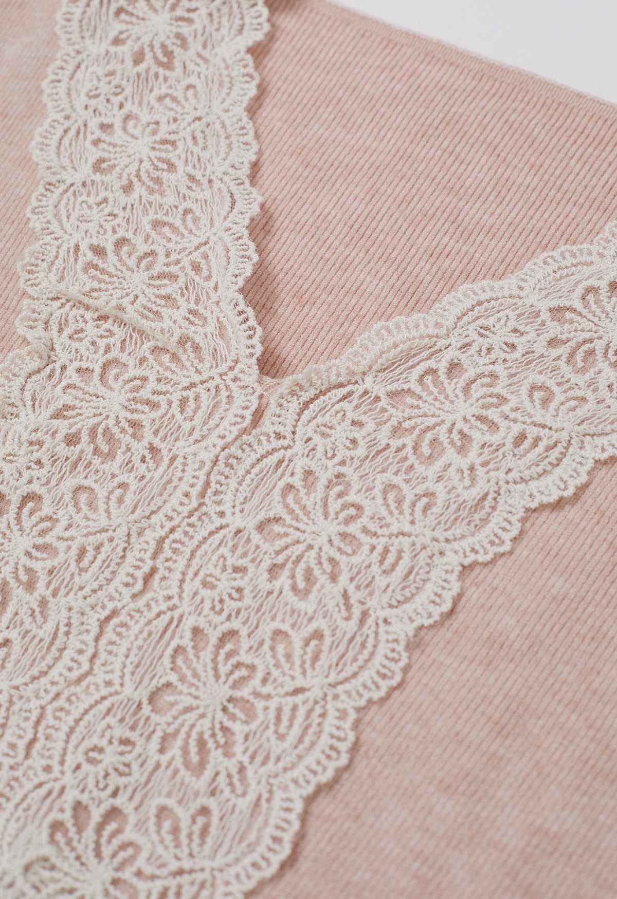 Lace Trim Fitted Knit Top in Dusty Pink