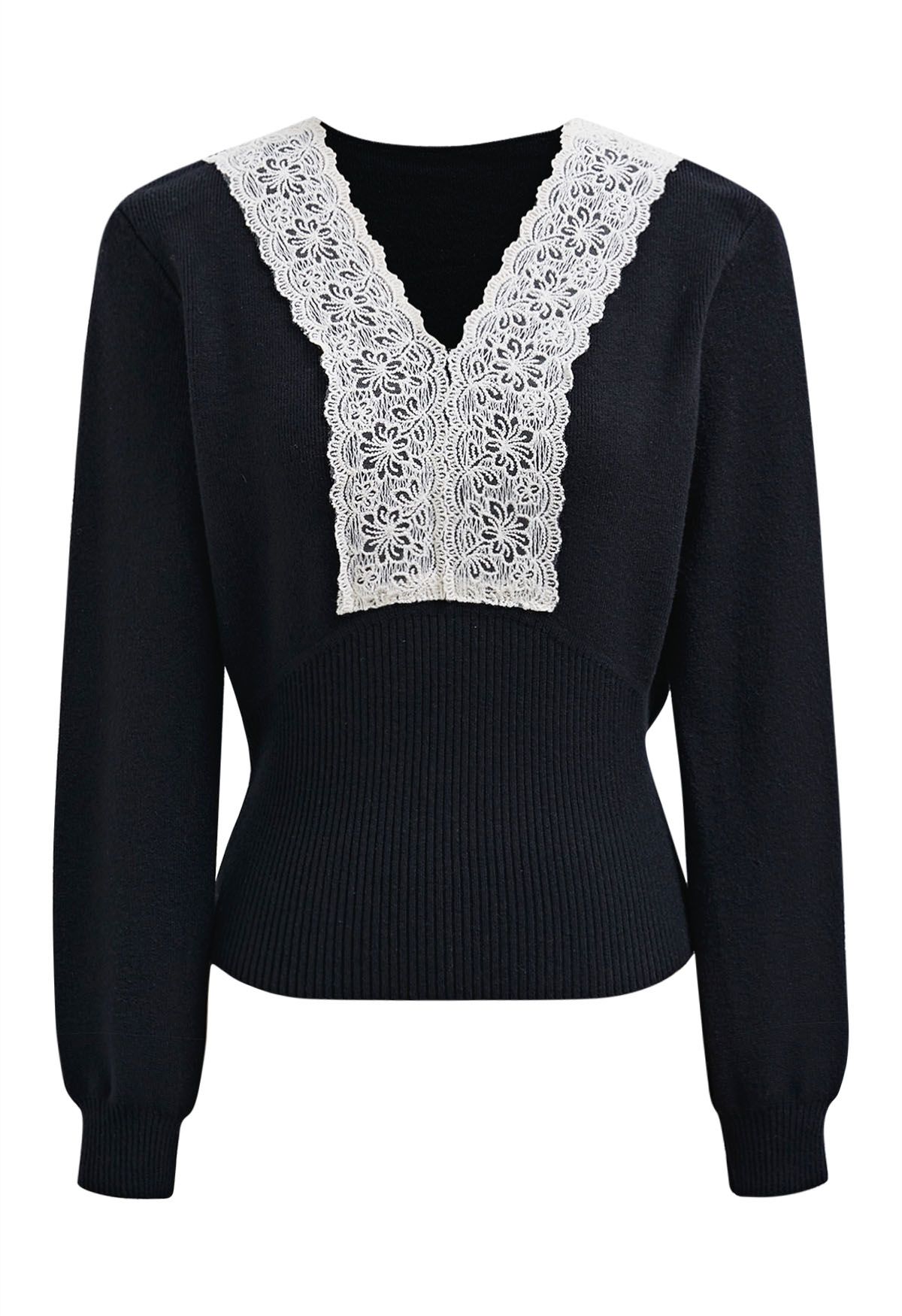 Lace Trim Fitted Knit Top in Black