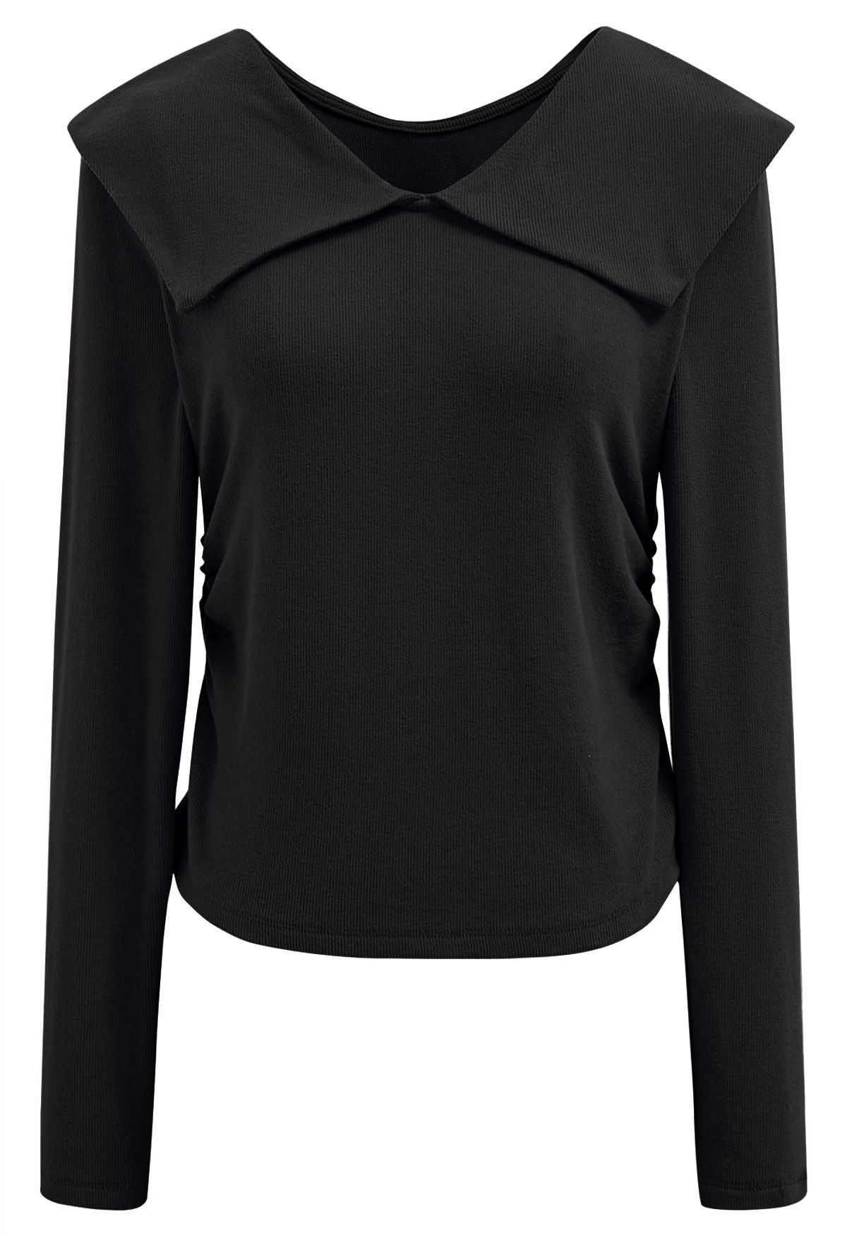 Flap Collar Ruched Side Long Sleeve Top in Black