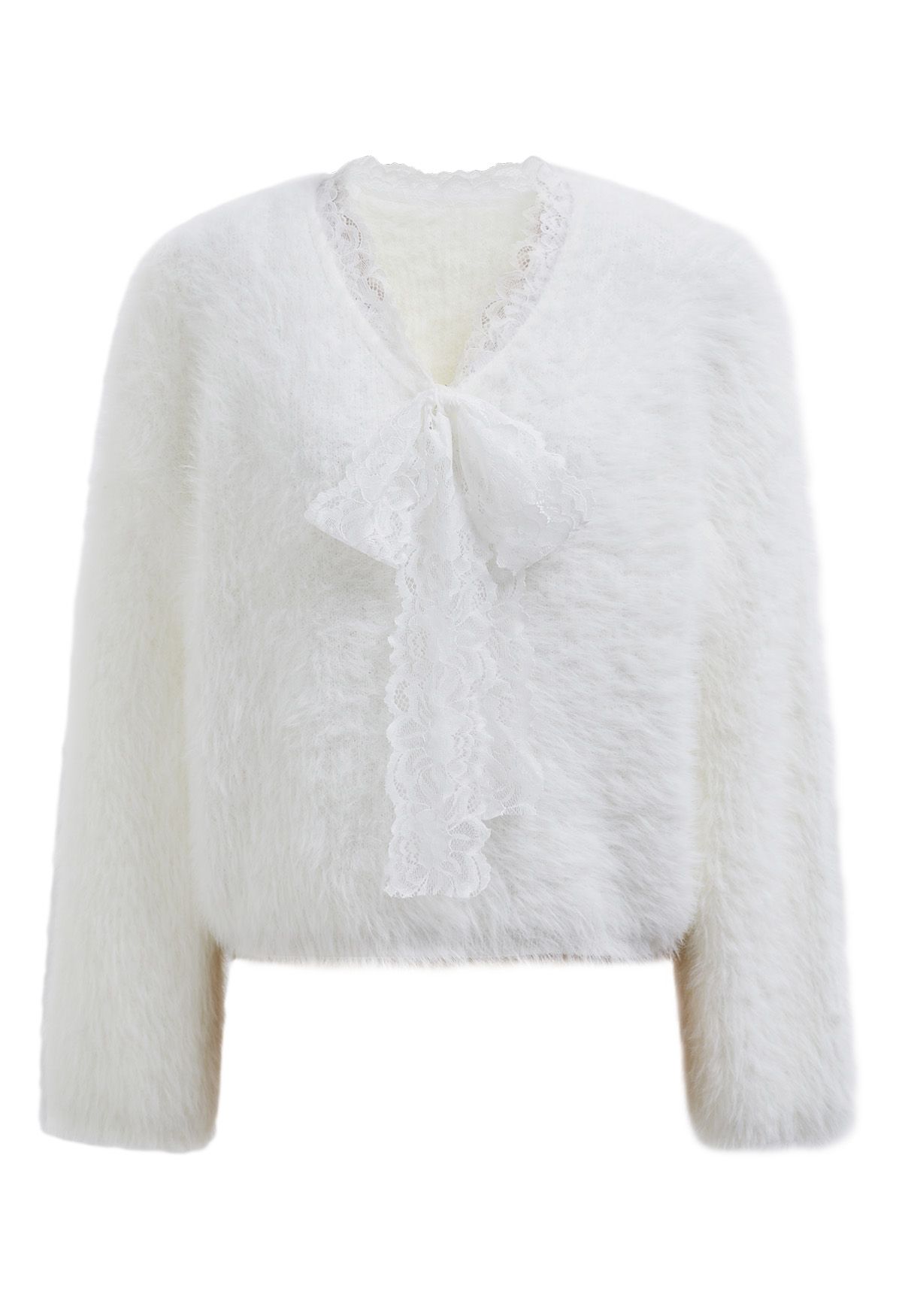 Lace Bowknot Neckline Fluffy Knit Sweater