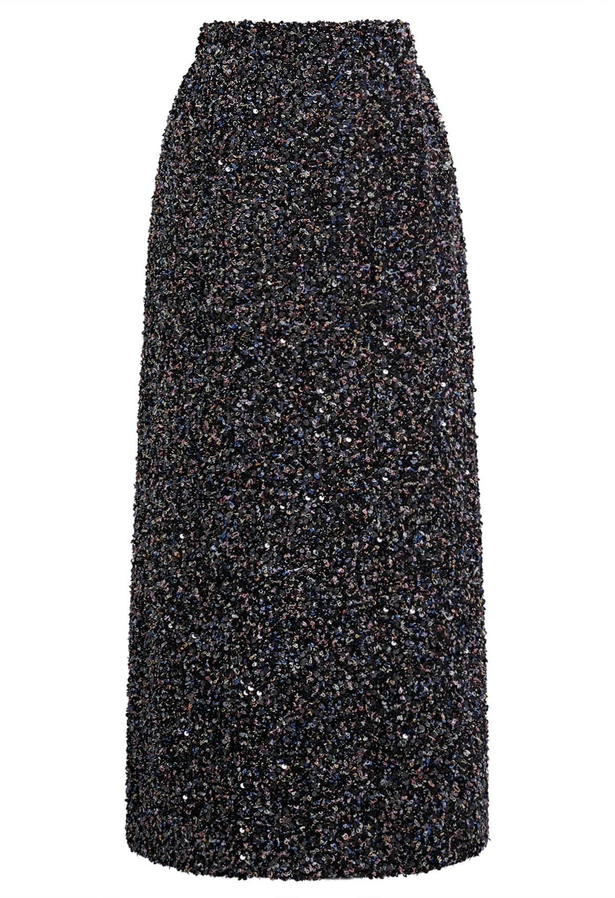 Chromatic Sequins Pencil Maxi Skirt in Black