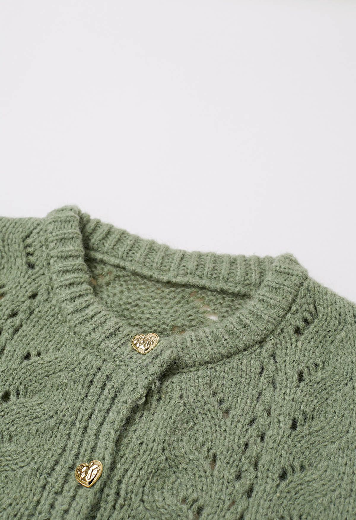 Heart Button Hollow Out Crop Knit Cardigan in Pistachio