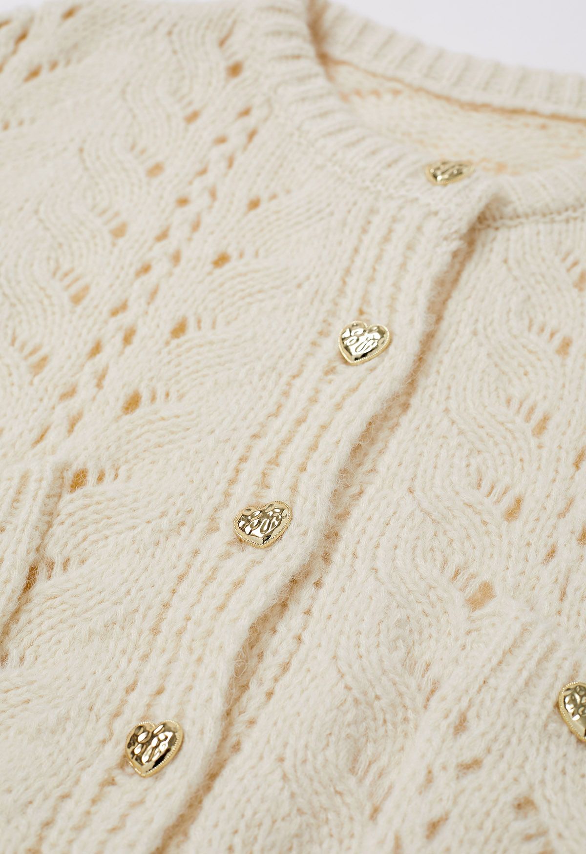 Heart Button Hollow Out Crop Knit Cardigan in Cream