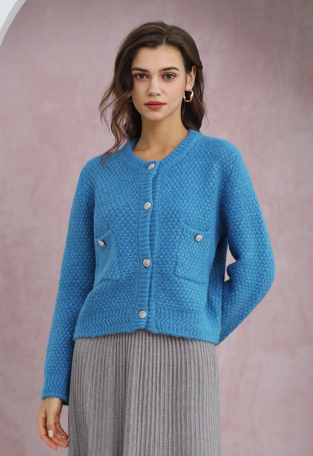 Patch Pocket Buttoned Waffle Knit Cardigan in Indigo