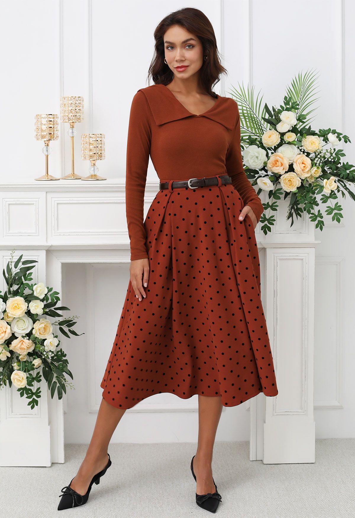 Velvet Polka Dot Belted A-Line Midi Skirt