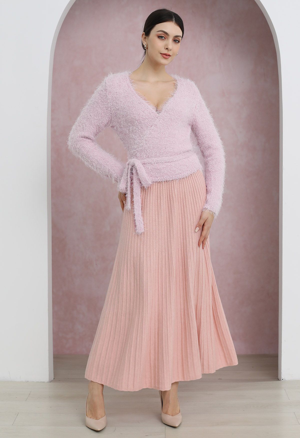 Gentle Touch Ribbed Knit Maxi Skirt in Light Pink