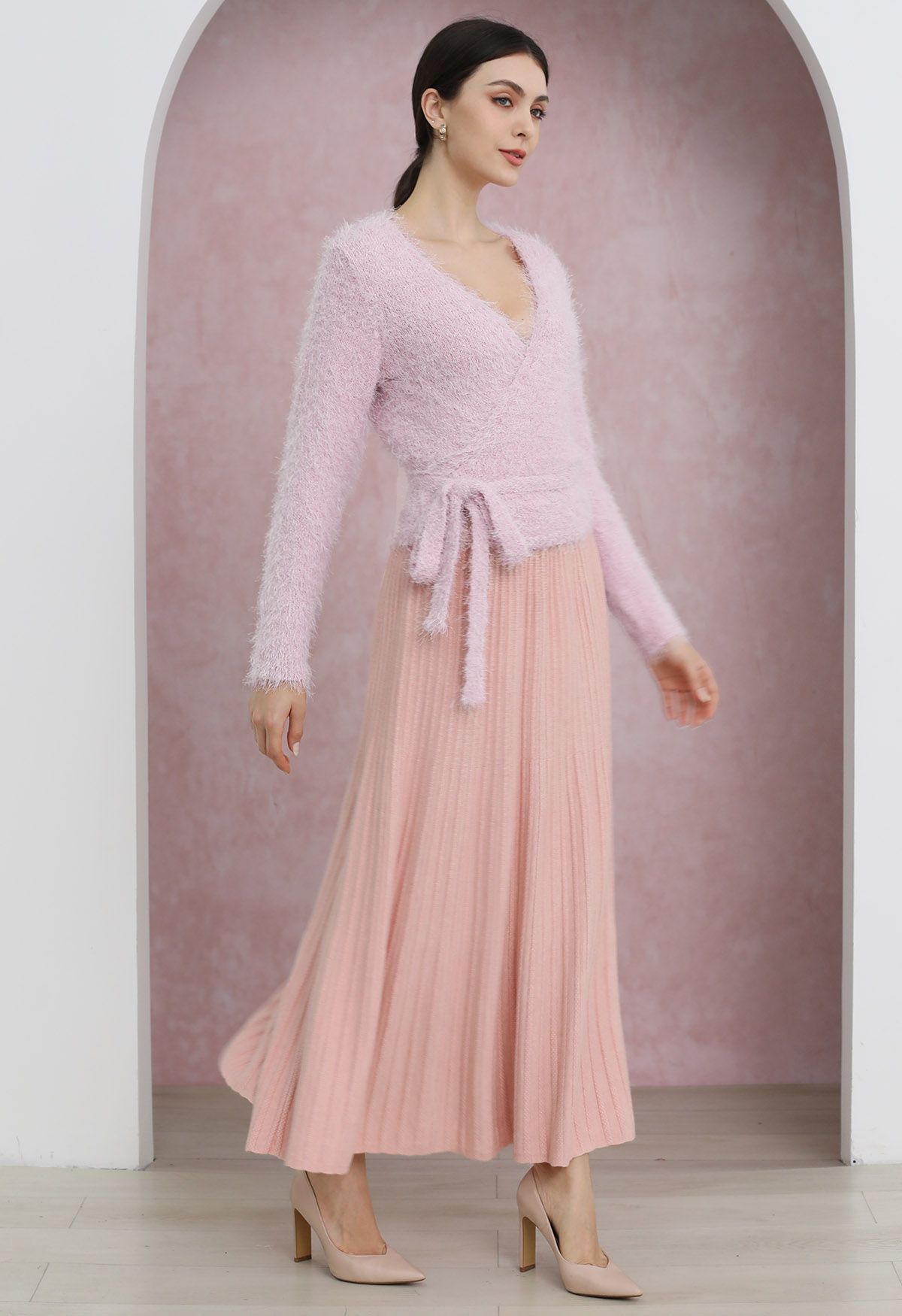 Gentle Touch Ribbed Knit Maxi Skirt in Light Pink