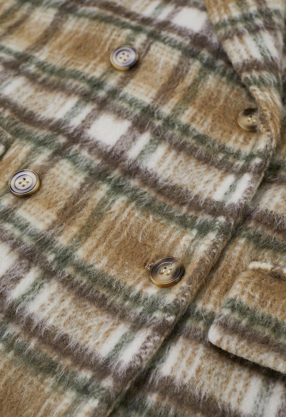 Peak Lapel Buttoned Plaid Fuzzy Coat in Camel