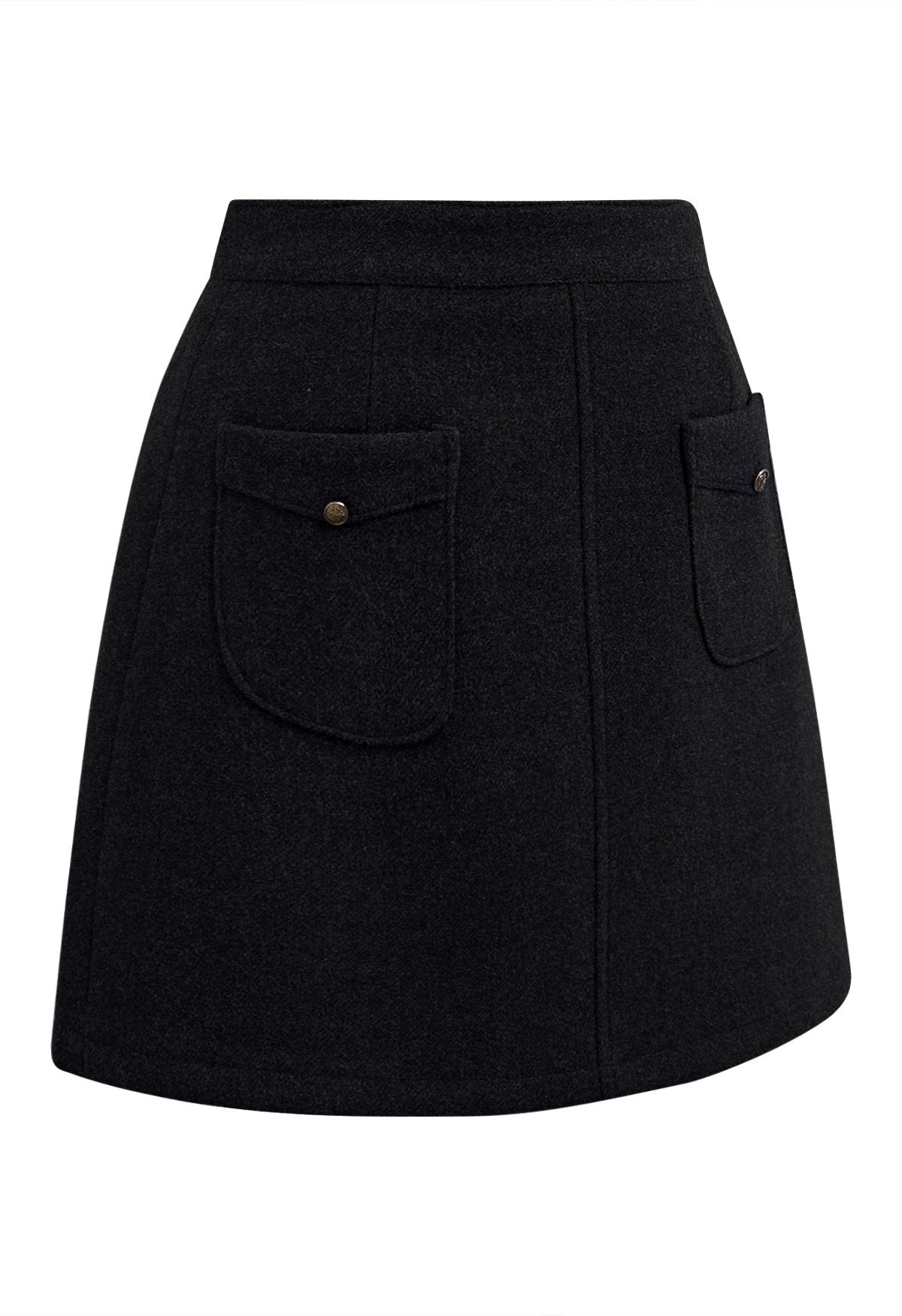 Retro Button Patch Pockets Mini Bud Skirt in Black