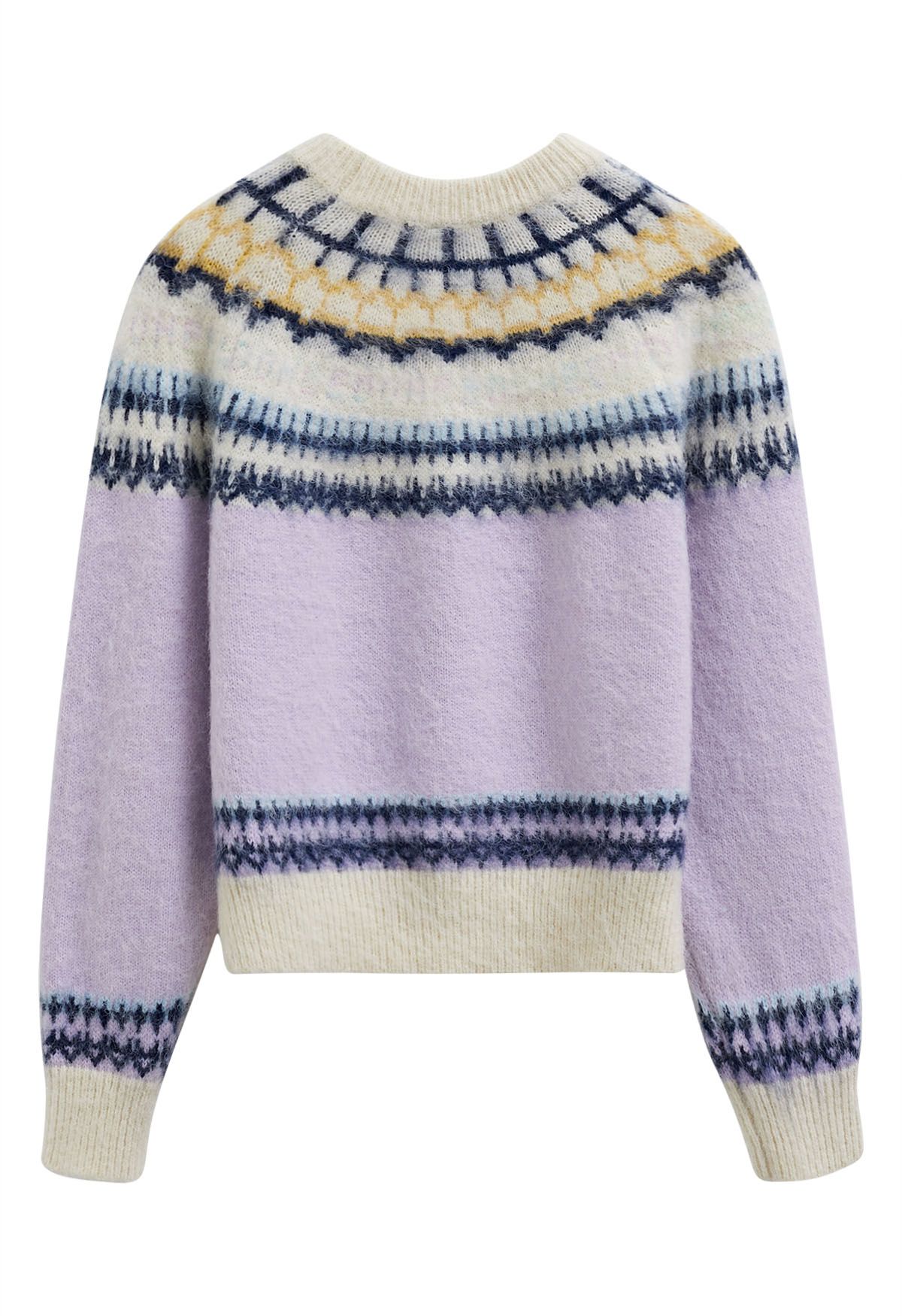 Multicolored Fair Isle Fuzzy Knit Sweater in Lilac