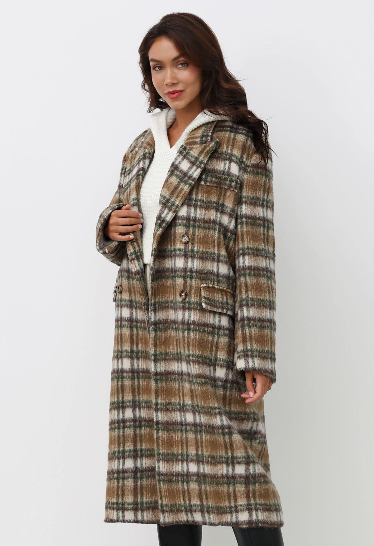 Peak Lapel Buttoned Plaid Fuzzy Coat in Camel