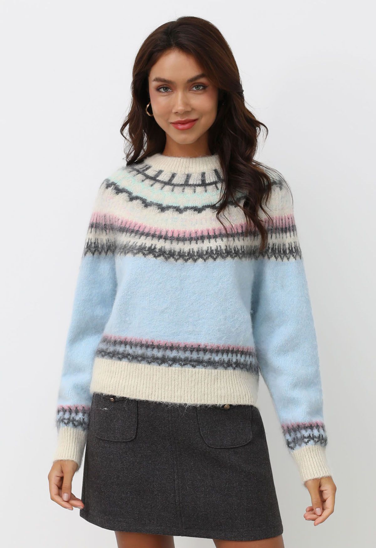 Multicolored Fair Isle Fuzzy Knit Sweater in Baby Blue