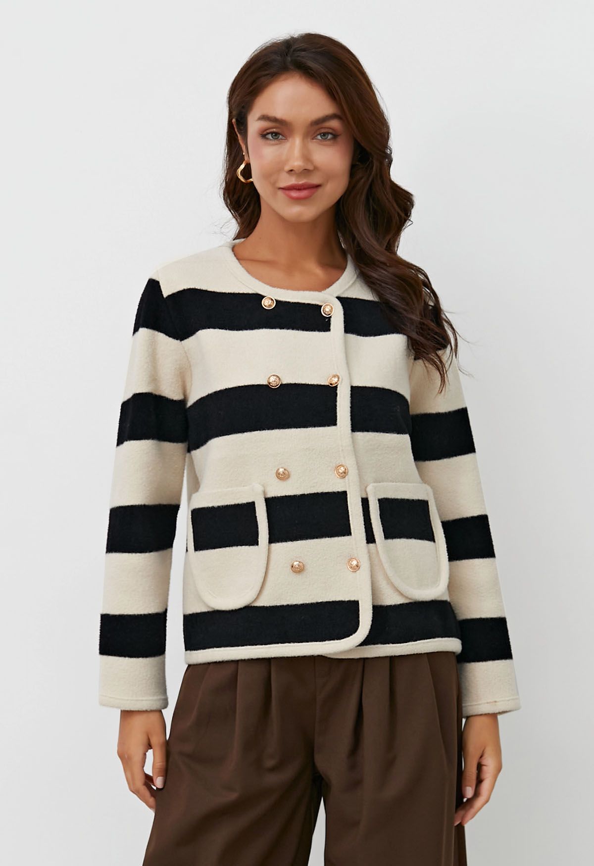 Striped Double-Breasted Patch Pocket Knit Cardigan