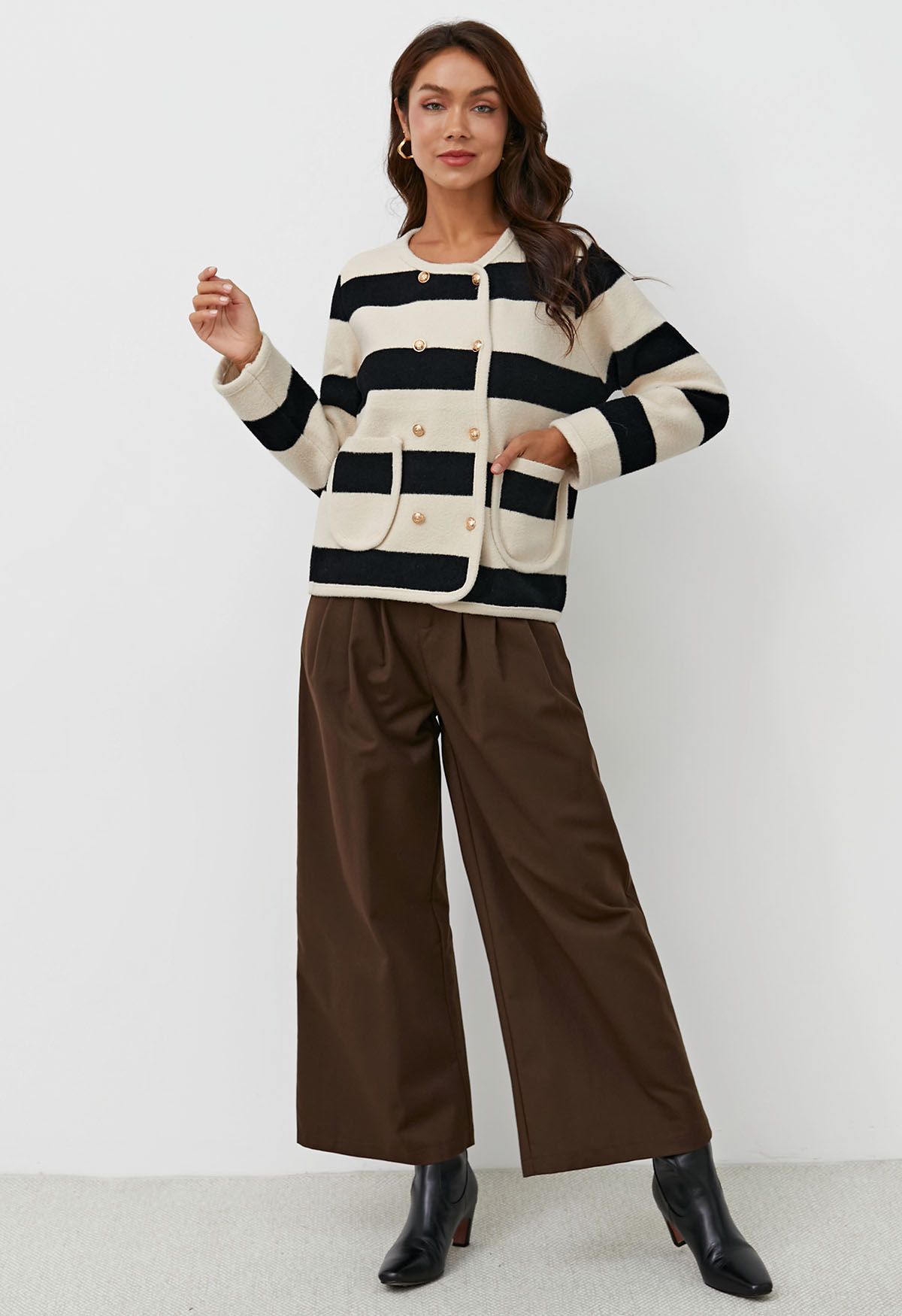 Striped Double-Breasted Patch Pocket Knit Cardigan