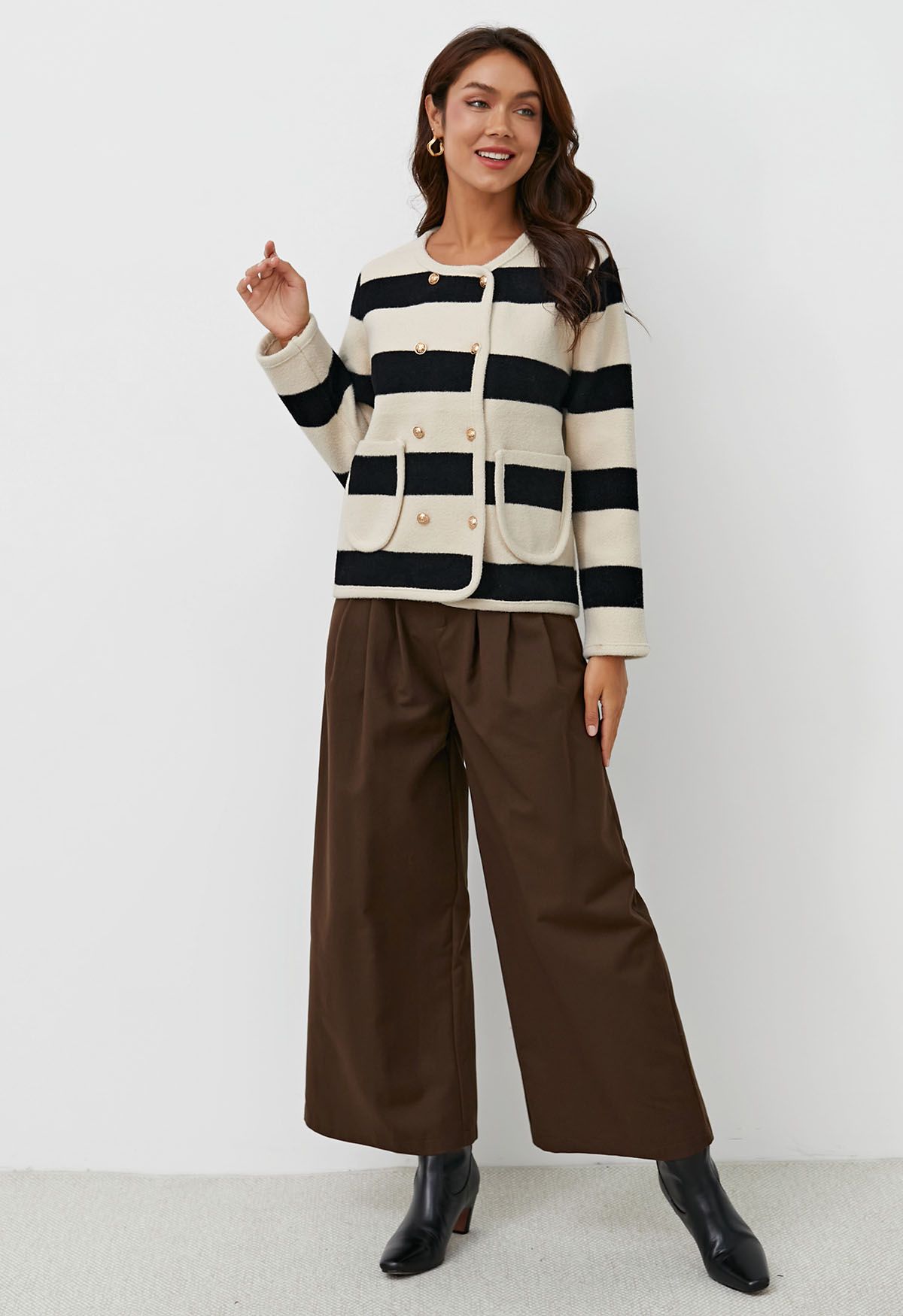 Striped Double-Breasted Patch Pocket Knit Cardigan