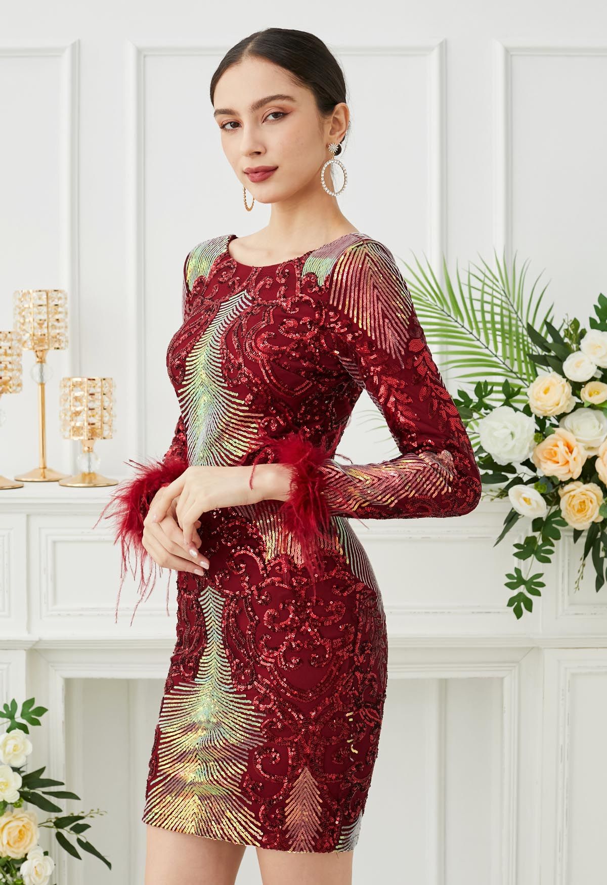 Dazzling Sequins Vine Feather Trim Bodycon Dress in Red