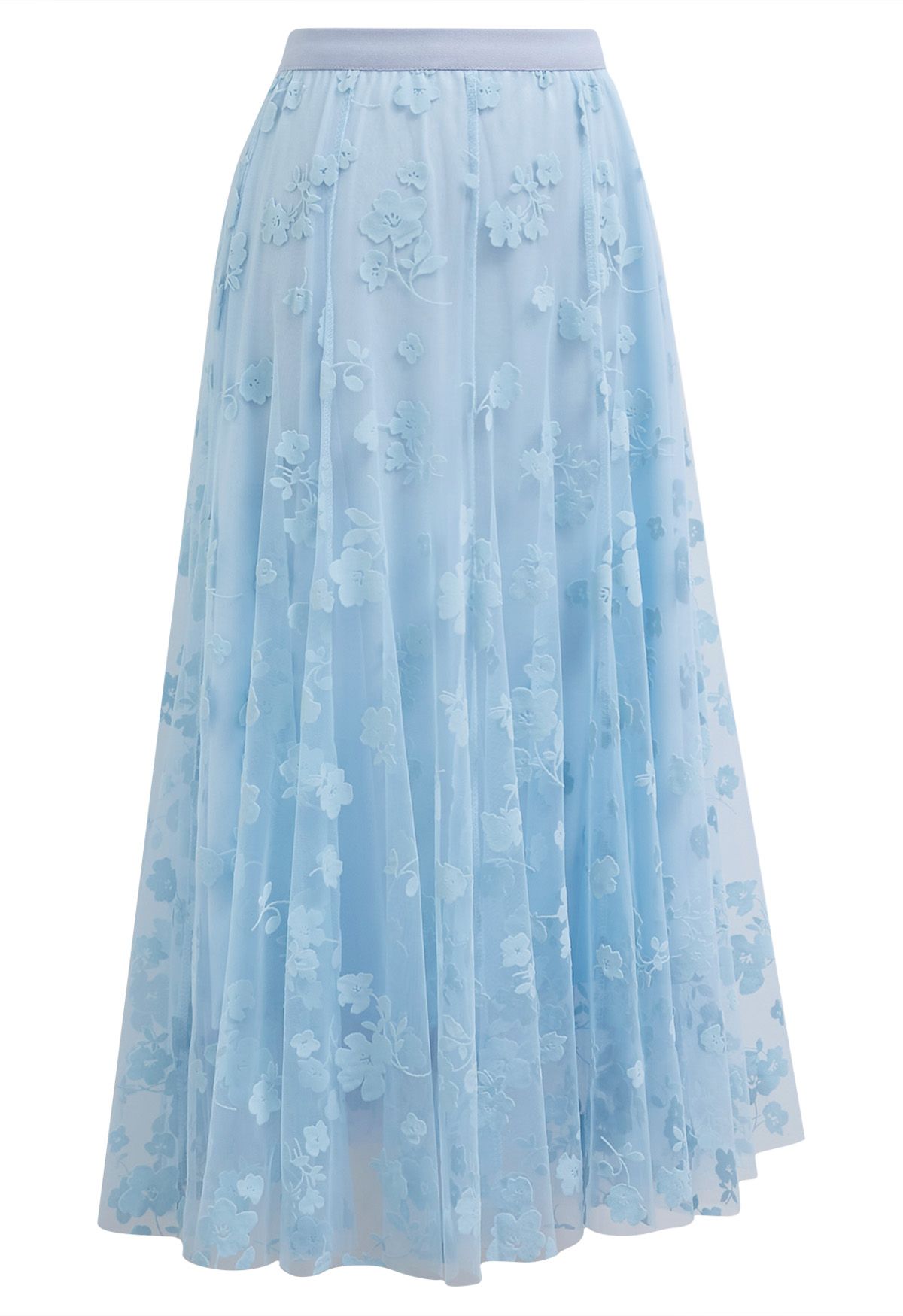 3D Posy Double-Layered Mesh Midi Skirt in Baby Blue