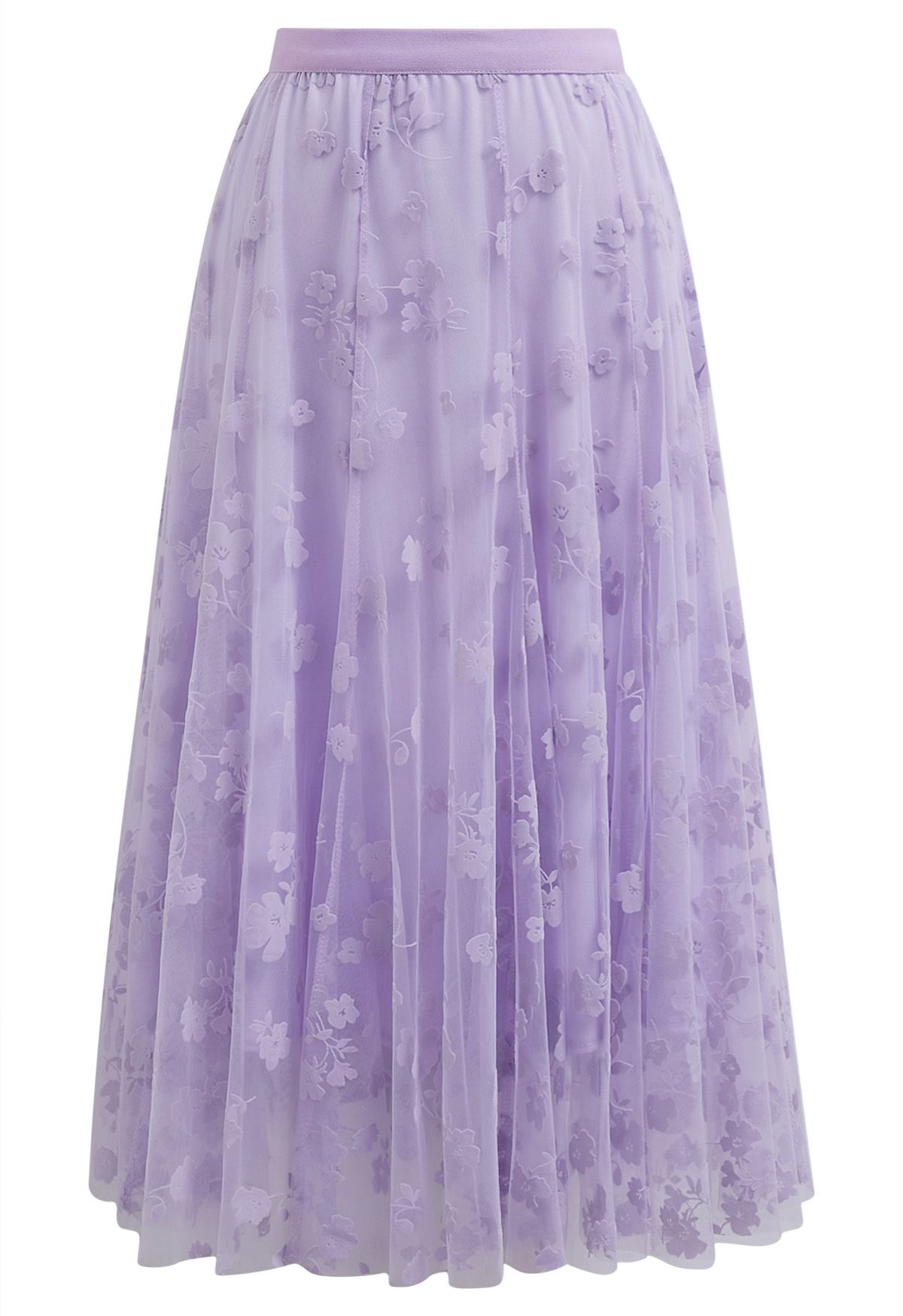 3D Posy Double-Layered Mesh Midi Skirt in Lavender