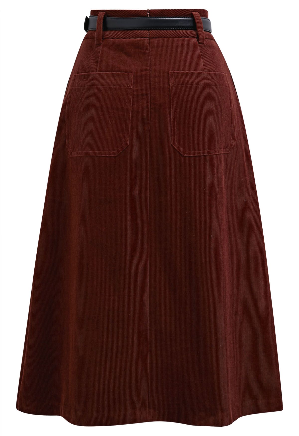 Front Fold Corduroy Belted Midi Skirt