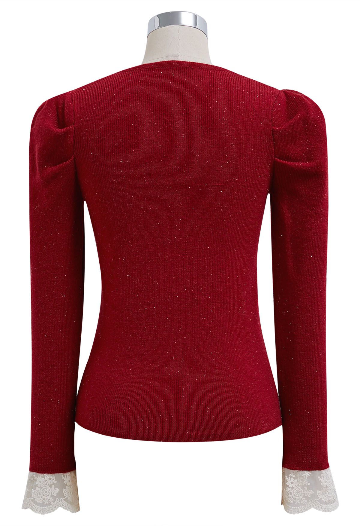 Dainty Bow Lace Cuff Knit Top in Red