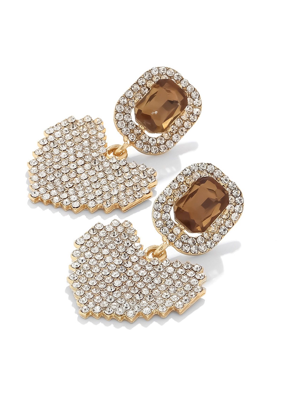 Full Rhinestone Heart Earrings in Amber