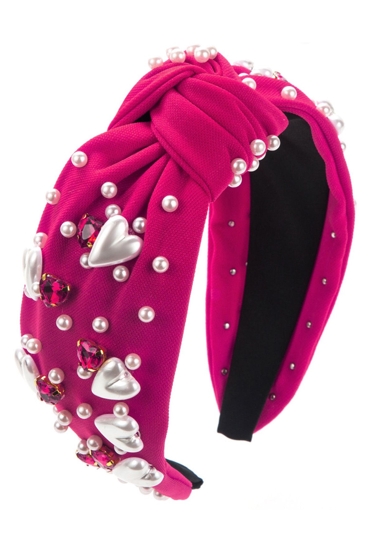 Heart Rhinestone Pearl Knotted Headband in Magenta