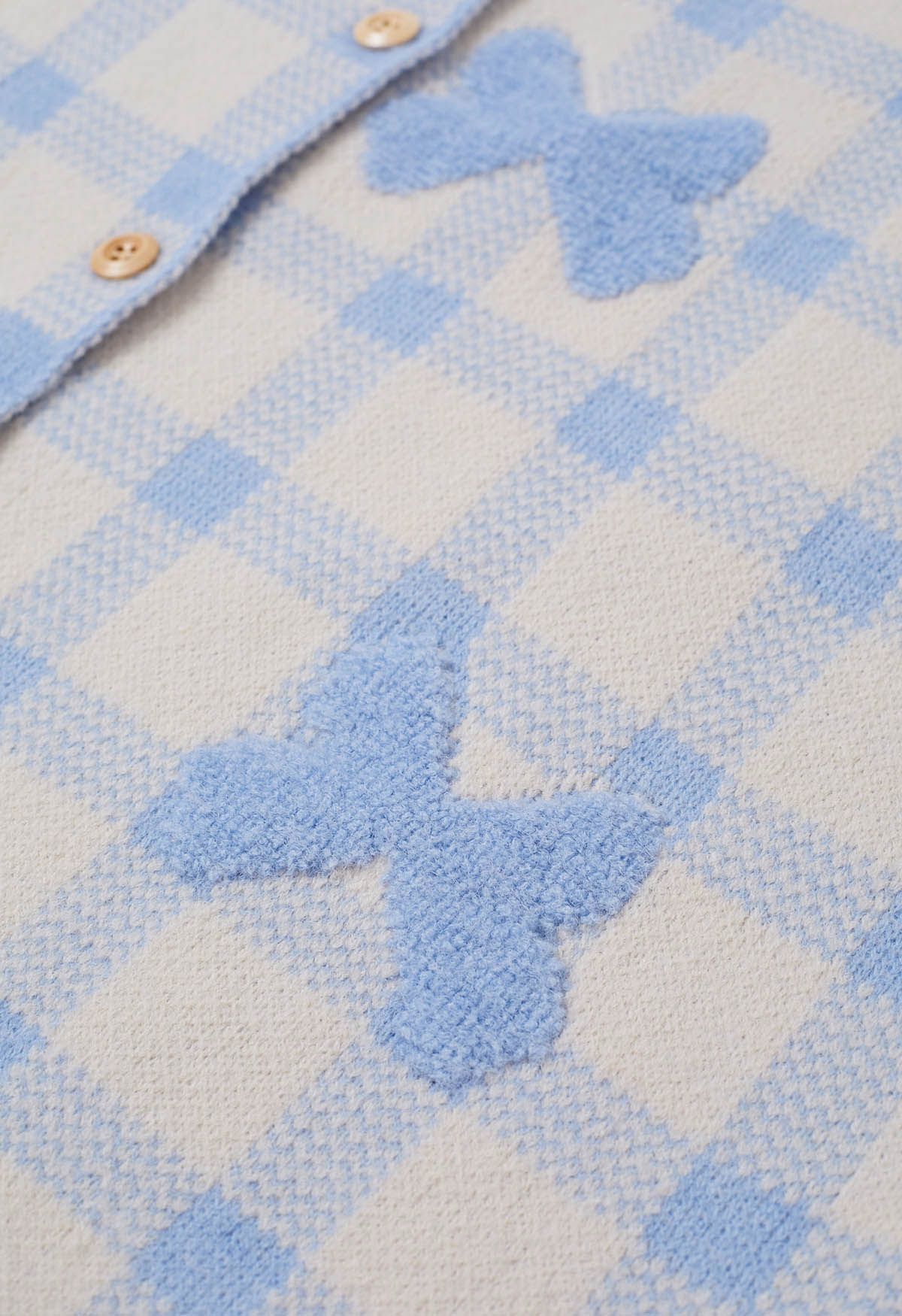 Bowknot Jacquard Check Buttoned Knit Cardigan in Baby Blue