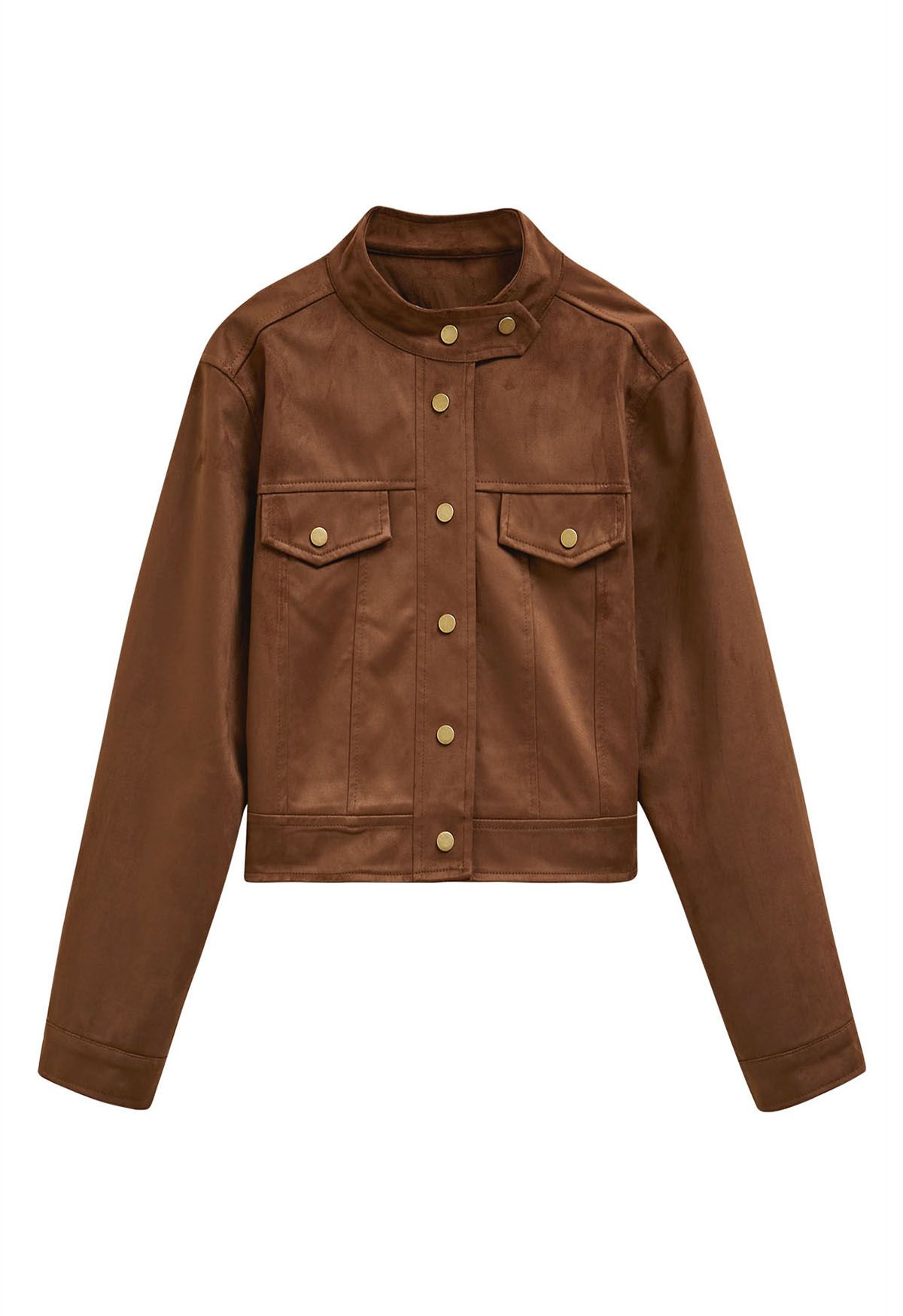 Snap Button Faux Suede Jacket in Brown