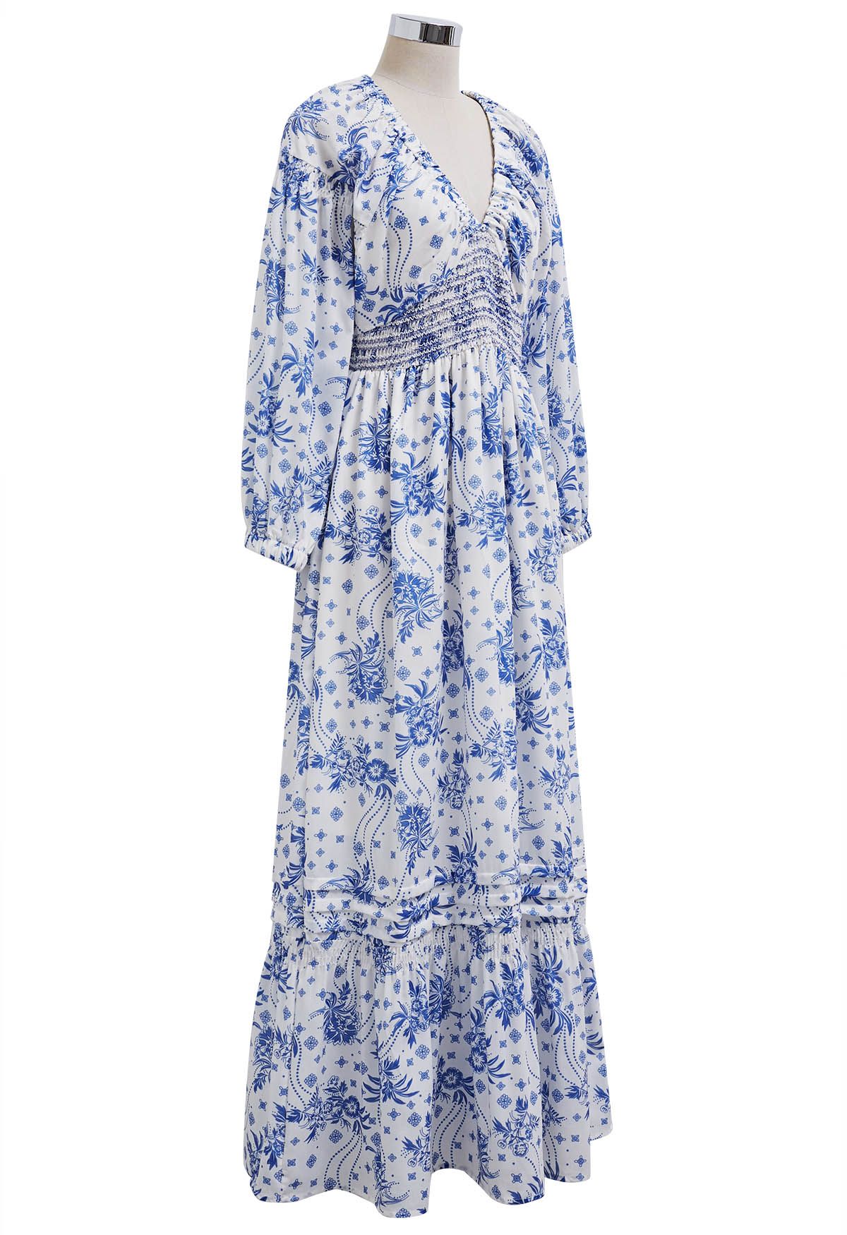 Floral Print Puff Sleeve Shirred Maxi Dress