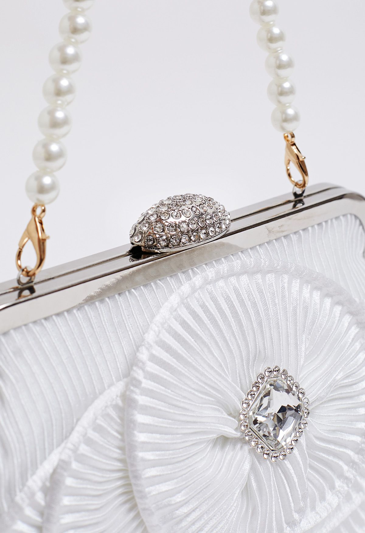 Rhinestone Camellia Pearl Chain Clutch