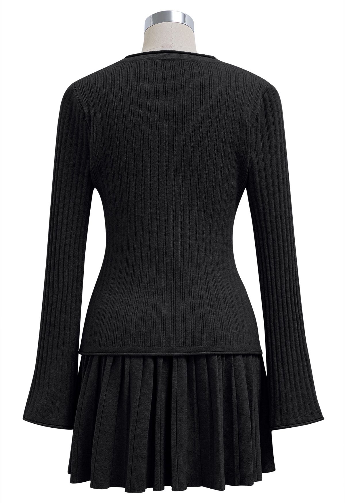 Flare Cuffs Button Knit Top and Mini Skirt in Black