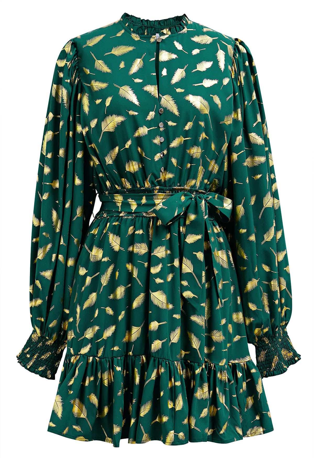 Golden Leaf Printed Tie-Sash Mini Dress in Green