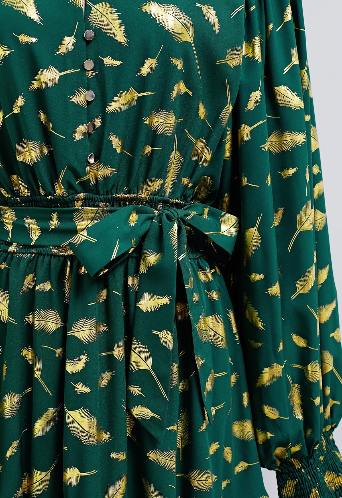 Golden Leaf Printed Tie-Sash Mini Dress in Green