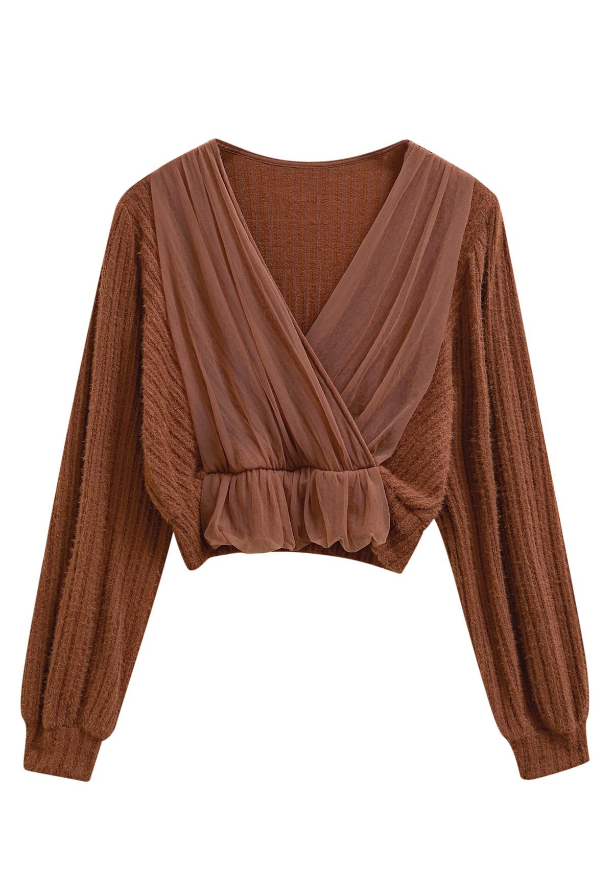 Mesh Spliced Faux-Wrap Knit Top in Caramel