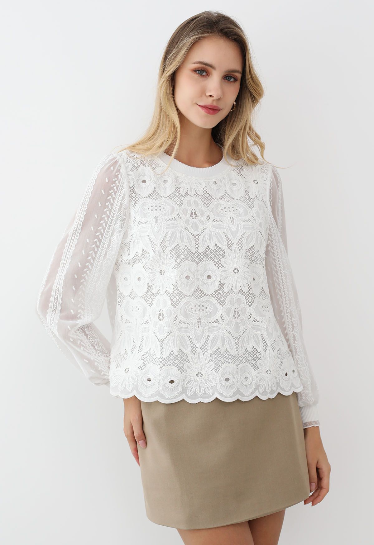 Floral Lace Embroidered Sheer Sleeve Top in White